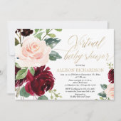 Invitation baby shower virtuel fille florale bordeaux-or rose (Devant)