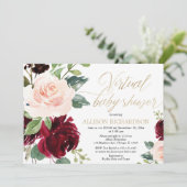 Invitation baby shower virtuel fille florale bordeaux-or rose (Debout devant)