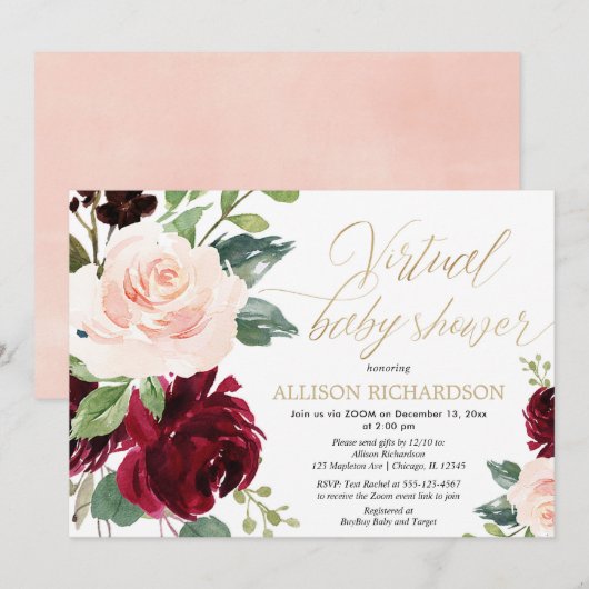 Invitation baby shower virtuel fille florale bordeaux-or rose (Devant / Derrière)