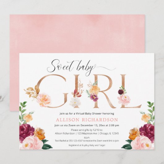 Invitation Baby shower virtuel fille rose or bordeaux brush (Devant / Derrière)
