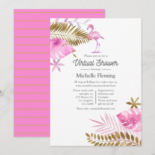 Invitation Baby shower virtuel Flamant rose rose et or (Devant / Derrière)