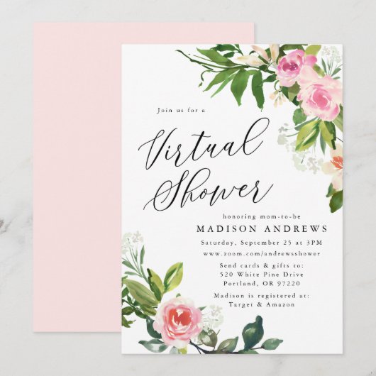 Invitation Baby-Shower Virtuel Fleurs Rose Tendre (Devant / Derrière)