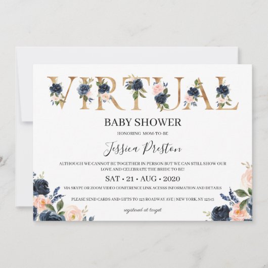 Invitation Baby shower virtuel Floral Blush de la Marine (Devant)