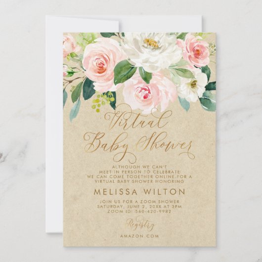 Invitation Baby shower virtuel floral couleur rose pâle (Devant)