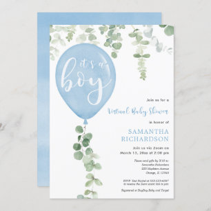 Invitation Baby shower virtuel garçon bleu ballon eucalyptus