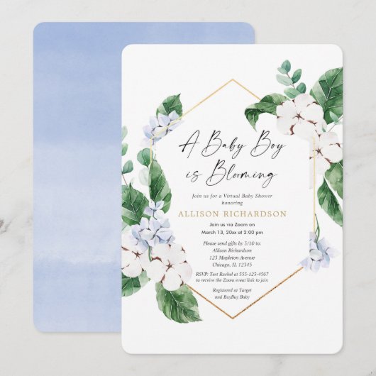 Invitation baby shower virtuel garçon floral bleu printanier (Devant / Derrière)
