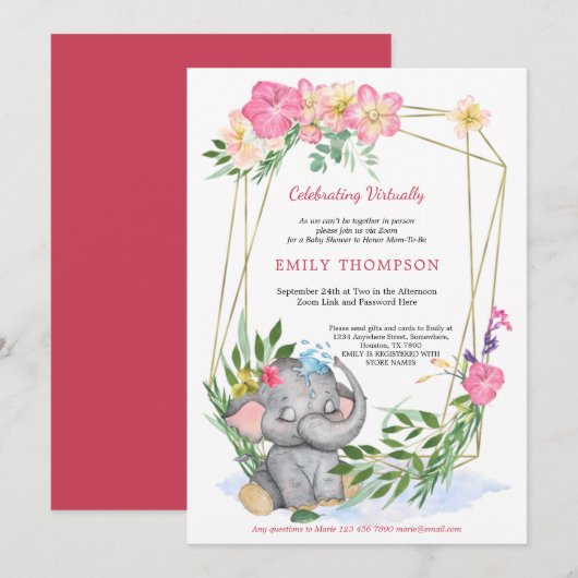 Invitation Baby shower virtuel géométrique Floral Eléphant (Devant / Derrière)