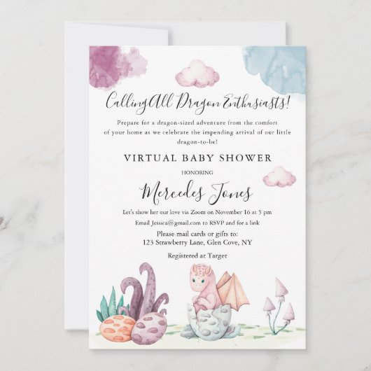 Invitation Baby shower virtuel Hatching Dragon Pastel Colonne (Devant)