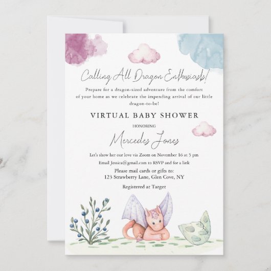 Invitation Baby shower virtuel Hatching Dragon Pastel Colonne (Devant)