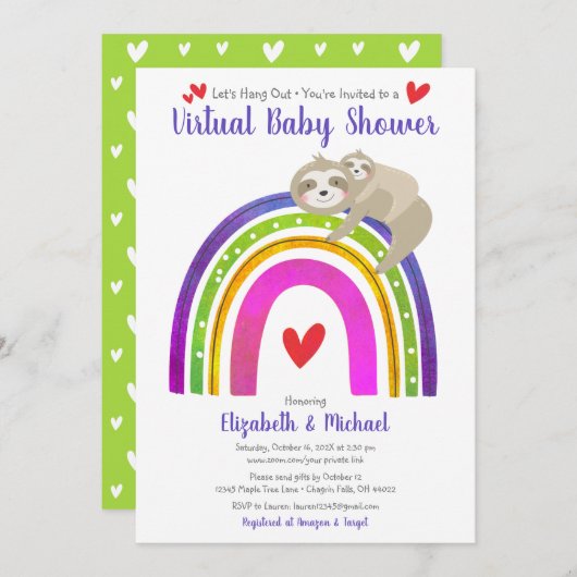 Invitation Baby shower virtuel jote Sloth Boho Rainbow Modern (Devant / Derrière)