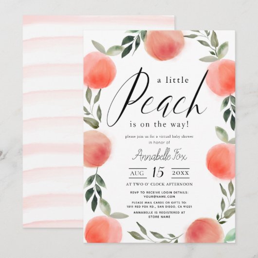 Invitation Baby shower virtuel Little Peach Watercolor (Devant / Derrière)