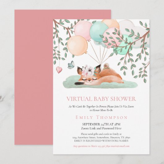 Invitation Baby shower virtuel mignon renard dormant rose (Devant / Derrière)