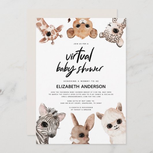 Invitation Baby shower virtuel moderne des animaux de forêt (Devant / Derrière)
