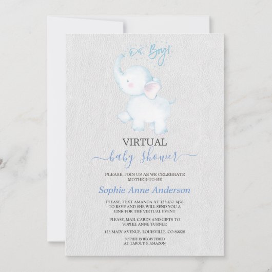 Invitation Baby shower virtuel moderne Elephant par courrier (Devant)