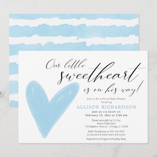 Invitation Baby shower virtuel Moderne Valentines bleu blanc (Devant / Derrière)
