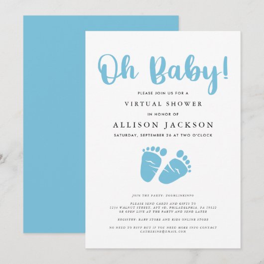 Invitation Baby shower virtuel Oh Baby Boy | Pieds de bébé si (Devant / Derrière)