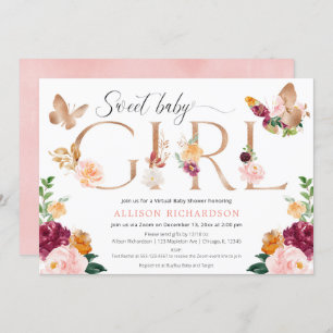 Invitation baby shower virtuel papillon de Bourgogne rose