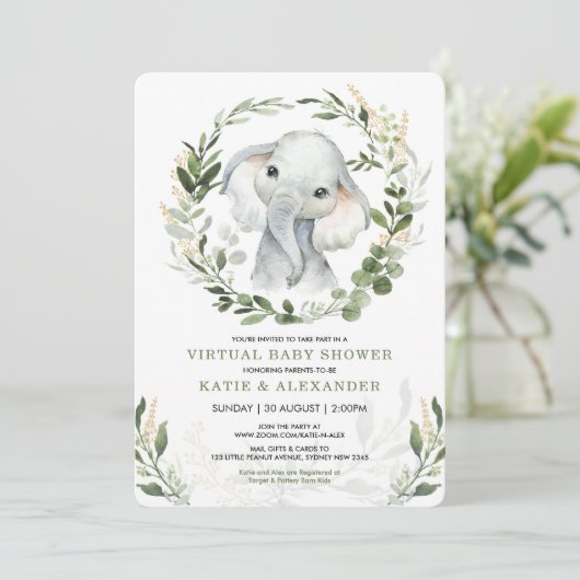 Invitation Baby shower virtuel par courrier | Elephant vert (Debout devant)