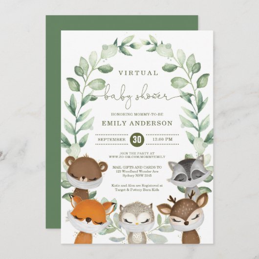 Invitation Baby shower virtuel Quarantaine Animaux des bois (Devant / Derrière)