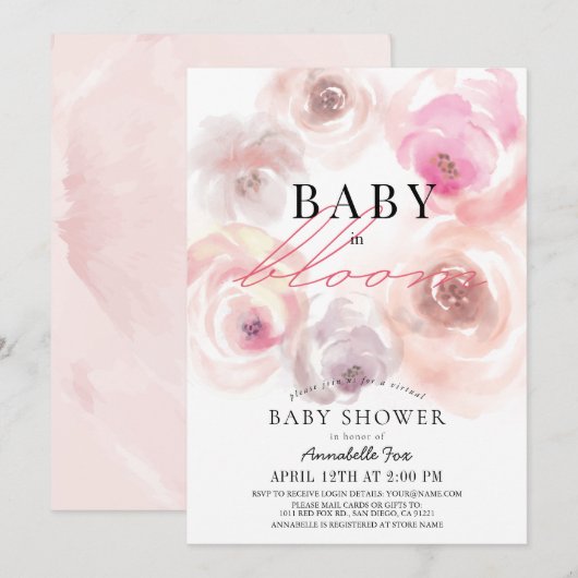 Invitation Baby shower virtuel Rose d'aquarelle bébé en fleur (Devant / Derrière)