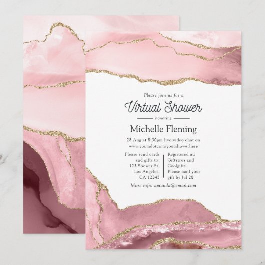 Invitation Baby Shower Virtuel Rose et Agate Dorée (Devant / Derrière)
