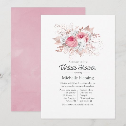Invitation Baby shower virtuel rose et Rose Gold Floral (Devant / Derrière)