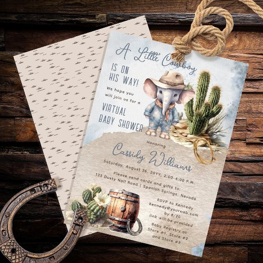 Invitation Baby shower virtuel rustique Western Elephant Cowb