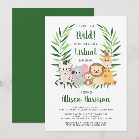 Invitation Baby shower virtuel Safari Animaux (Devant / Derrière)
