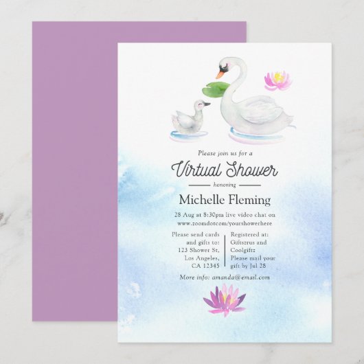 Invitation Baby shower virtuel Swan Watercolor (Devant / Derrière)