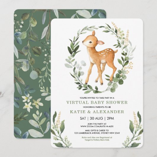 Invitation Baby shower virtuel Sweet Deer Woodland Greenery (Devant / Derrière)
