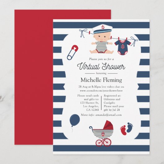 Invitation Baby-Shower Virtuel Thème Marin (Devant / Derrière)