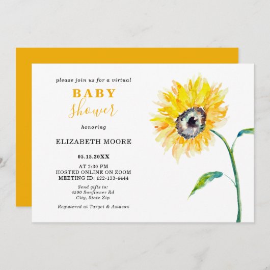 Invitation Baby shower virtuel Tournesol thème Neutre Zoom (Devant / Derrière)