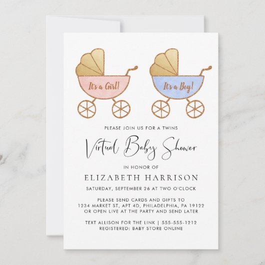 Invitation Baby shower virtuel Twin Girl Boy Watercolor (Devant)