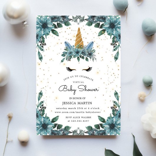 Invitation Baby shower virtuel Unicorn Floral bleu