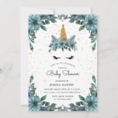 Invitation Baby shower virtuel Unicorn Floral bleu (Devant)