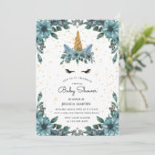 Invitation Baby shower virtuel Unicorn Floral bleu (Debout devant)