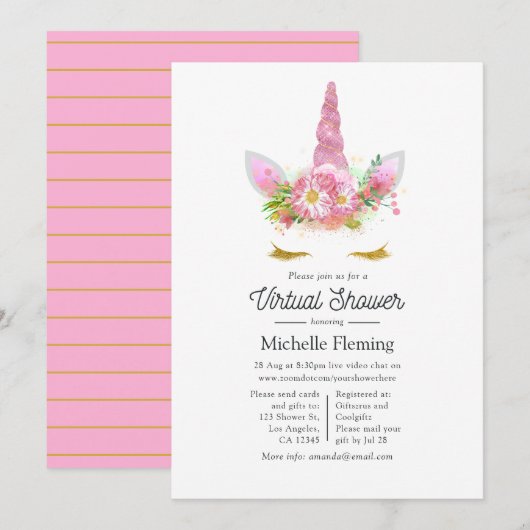 Invitation Baby shower virtuel Unicorn rose et or Floral (Devant / Derrière)