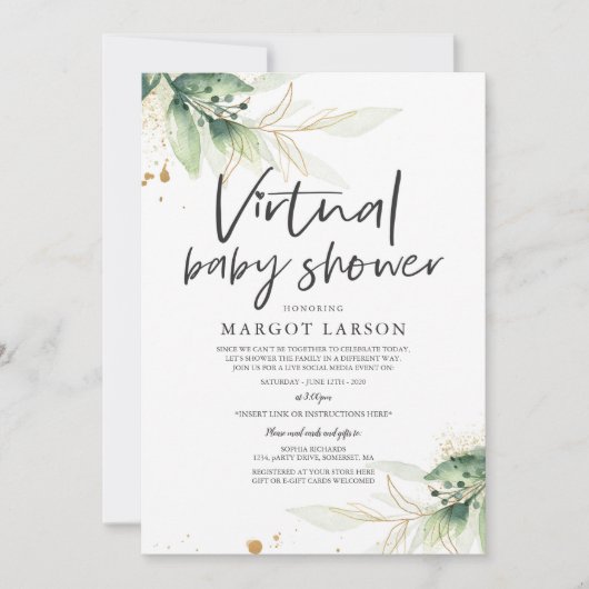 Invitation Baby shower Virtuel Vert Et Or (Devant)