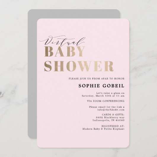 Invitation Baby shower VIRTUTAL simple rose et or (Devant / Derrière)
