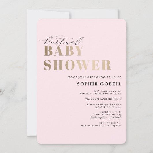 Invitation Baby shower VIRTUTAL simple rose et or (Devant)