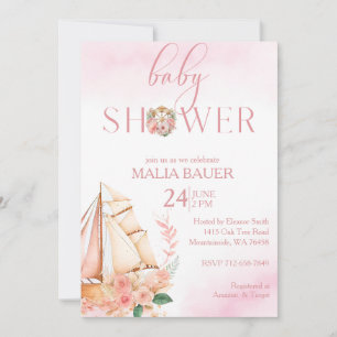 Invitation Baby shower voilier rose fleuri et or