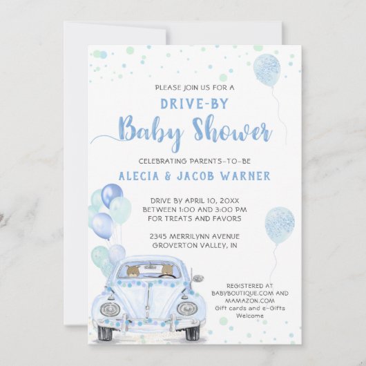 Invitation Baby shower Voiture Bleu Ballots (Devant)