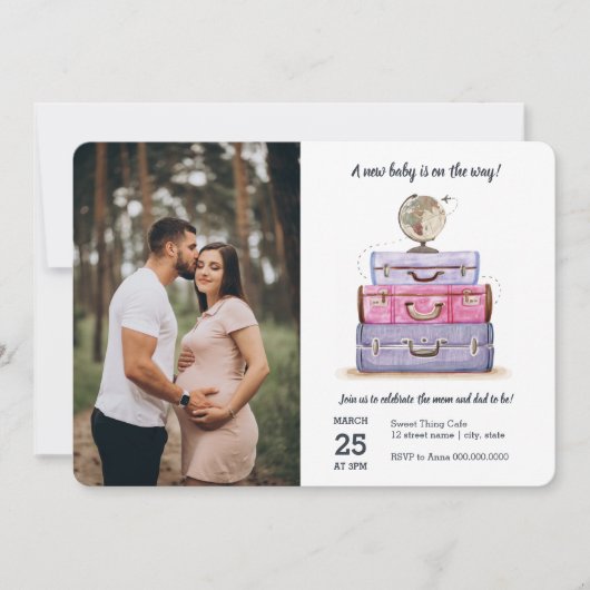 Invitation Baby shower Voyage Rose violet valise (Devant)