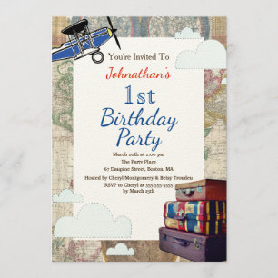 Invitation Baby shower Voyage vintage Avions & Nuages World
