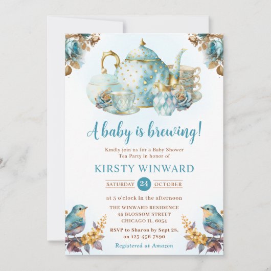 Invitation Baby shower Watercolor Blueberry Tea Party (Devant)