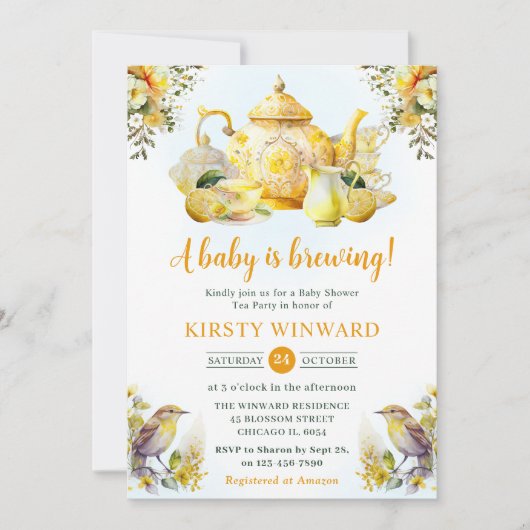Invitation Baby shower Watercolor Lemon Tea Party (Devant)