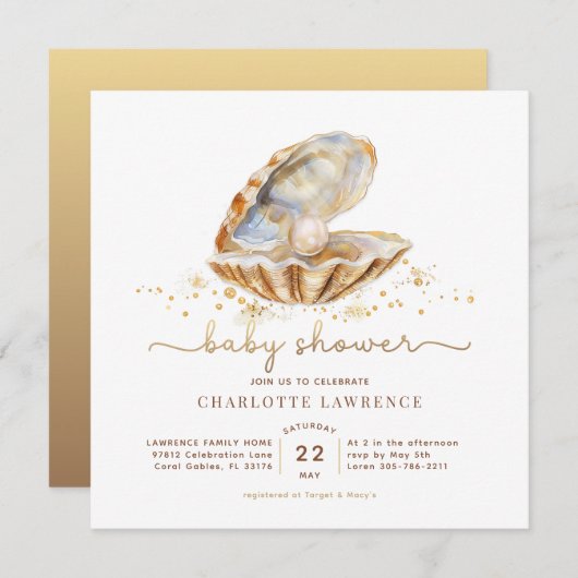 Invitation Baby shower Watercolor Ocean Little Pearl (Devant / Derrière)