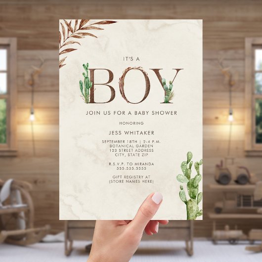 Invitation Baby shower Western Cactus inspiré du cuir de garç