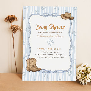 Invitation Baby Shower Western Cowboy Gingham Bleu