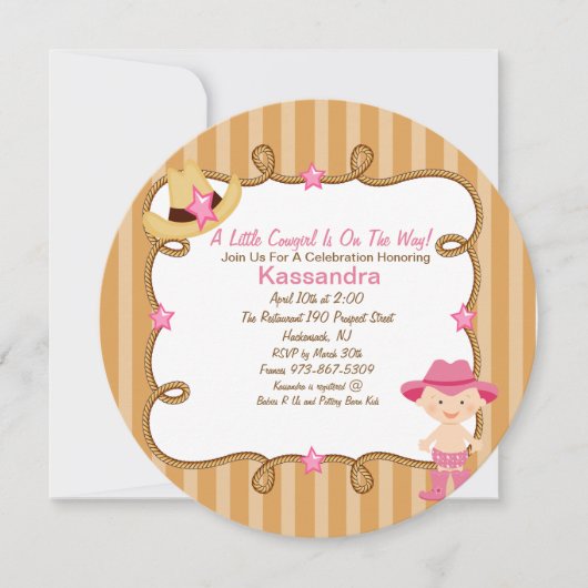 Invitation Baby shower Western Round Pink Cowgirl (Devant)